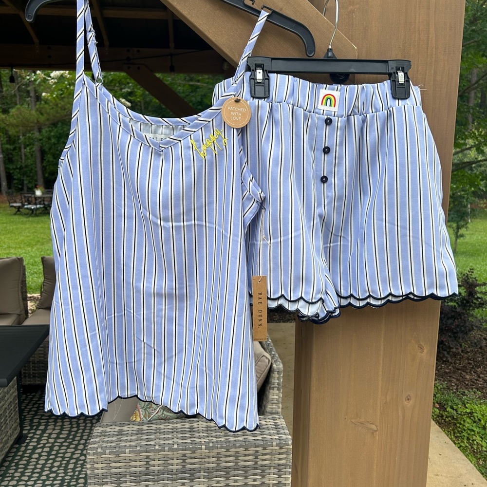 NWT Rae Dunn Blue and White Striped Pajama Set Women’s Size Medium
